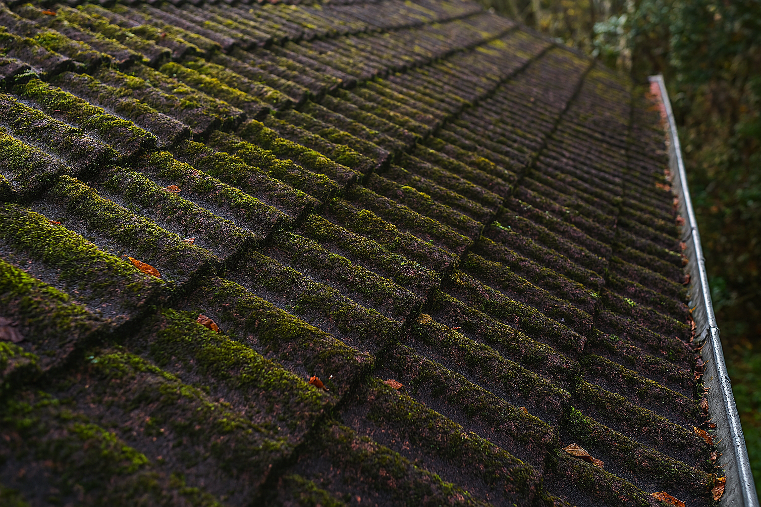 Stark verschmutztes Dach mit Moos und Algen vor der professionellen Dachreinigung